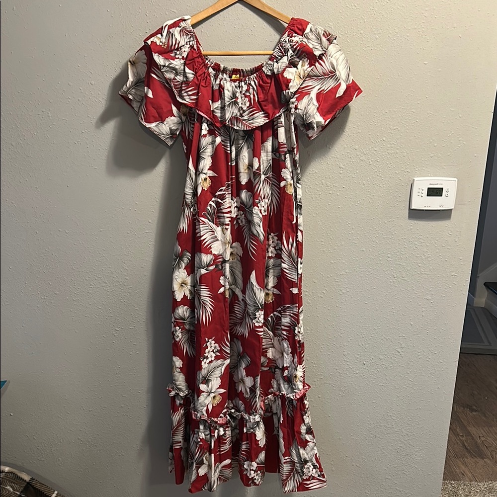 Vintage Aloha Mo'i Hawaii Floral Mumu Red Dress Off‎ Shoulder Midi